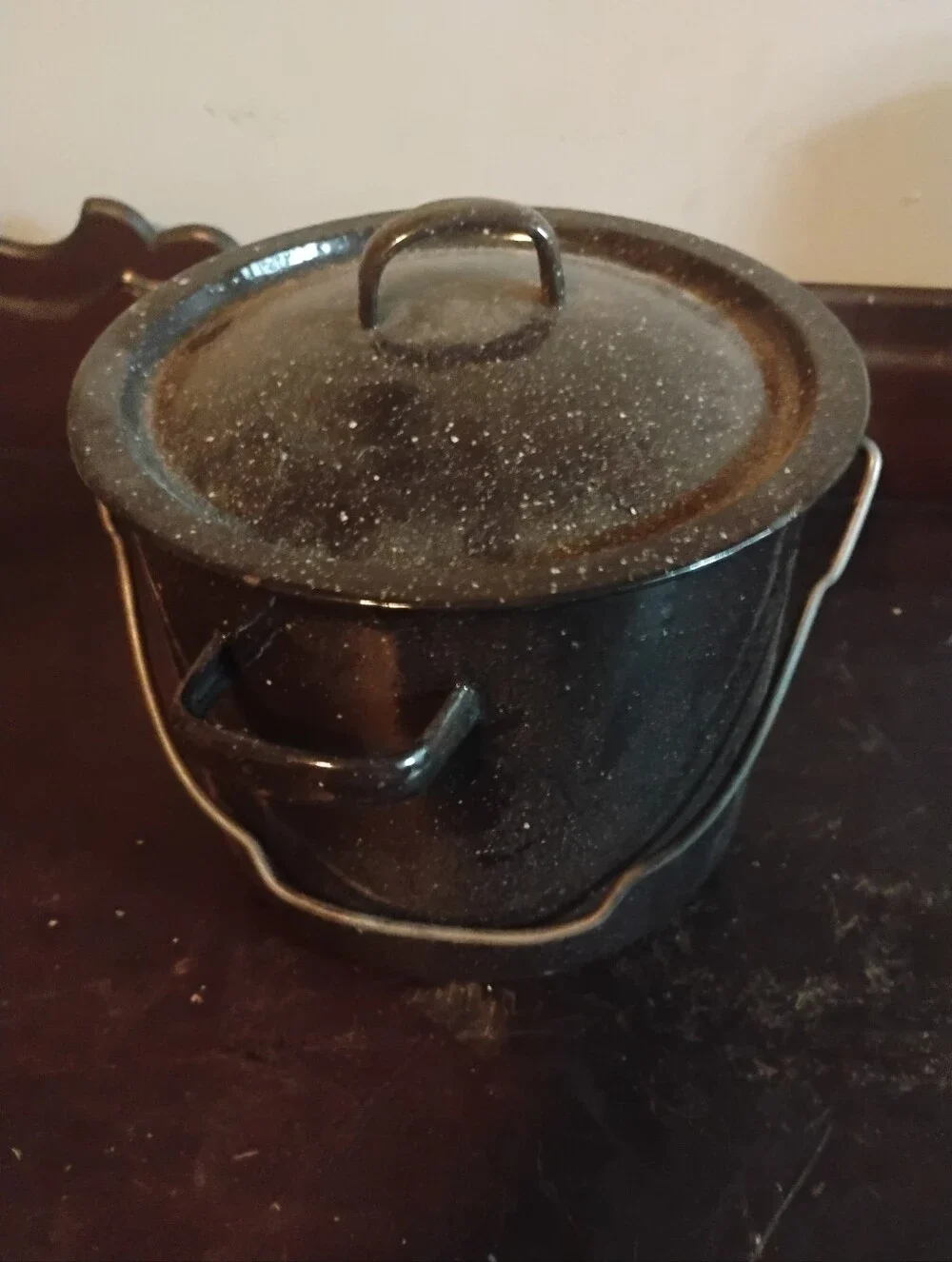 Vintage Black Speckled Enamelware Pot with Lid and Bail Handle